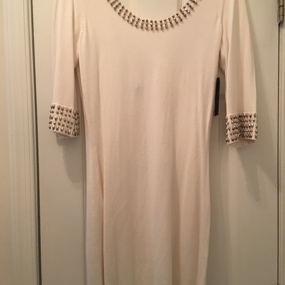 White bodycon knit dress with embellishments